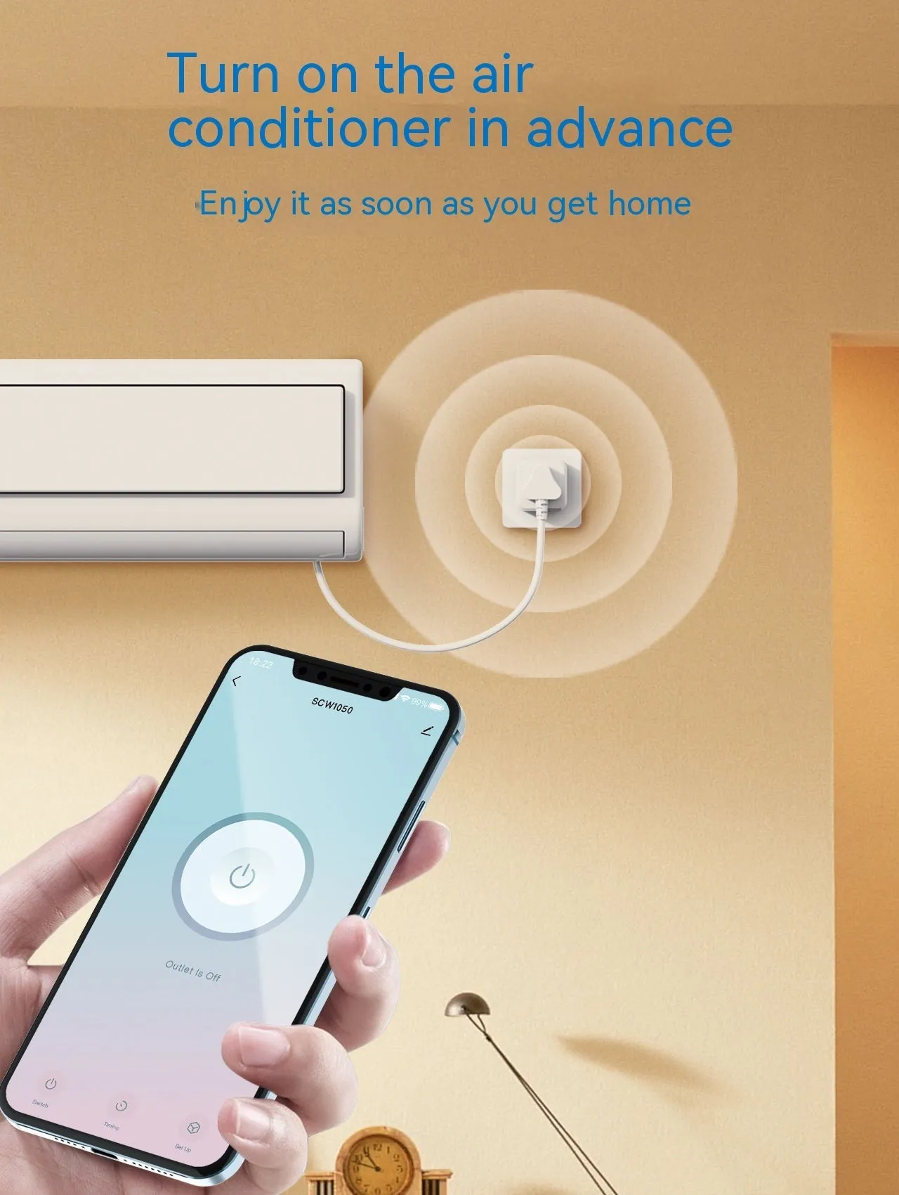 White smart WiFi socket with EU plug standard, timer and overload protection functions on white background