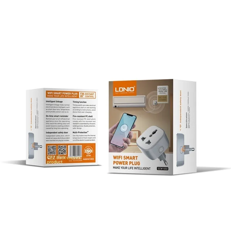 White smart WiFi socket with EU plug standard, timer and overload protection functions on white background