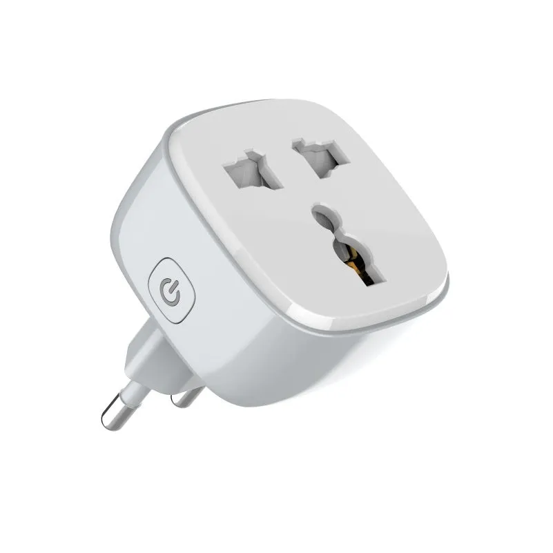 White smart WiFi socket with EU plug standard, timer and overload protection functions on white background