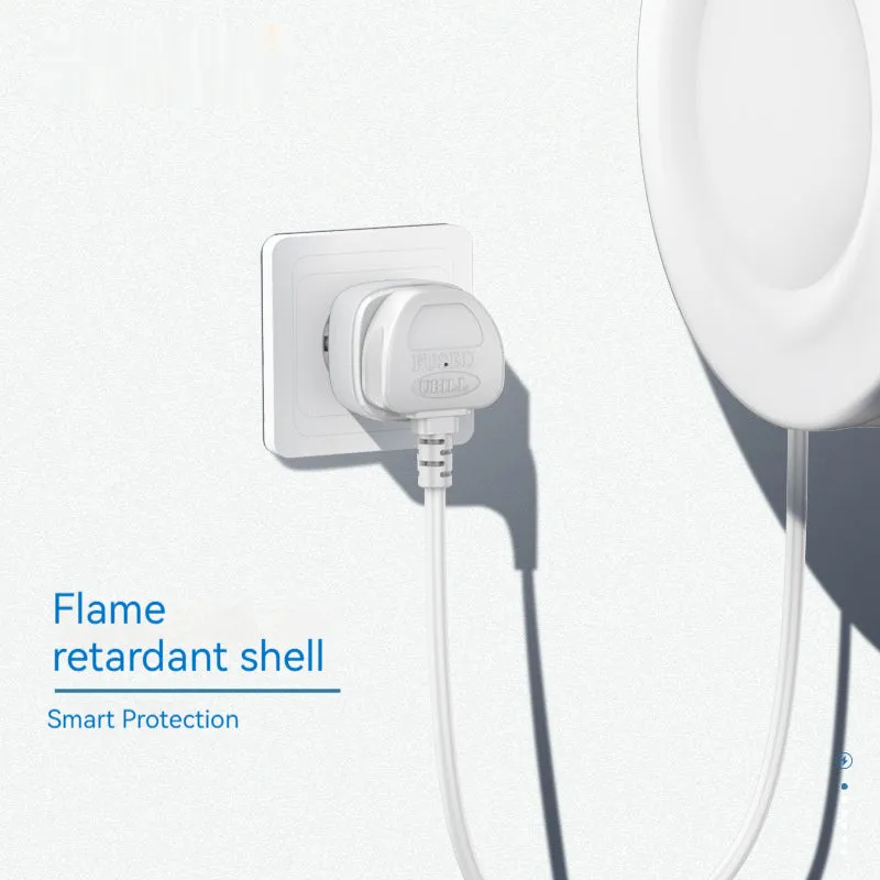 White smart WiFi socket with EU plug standard, timer and overload protection functions on white background