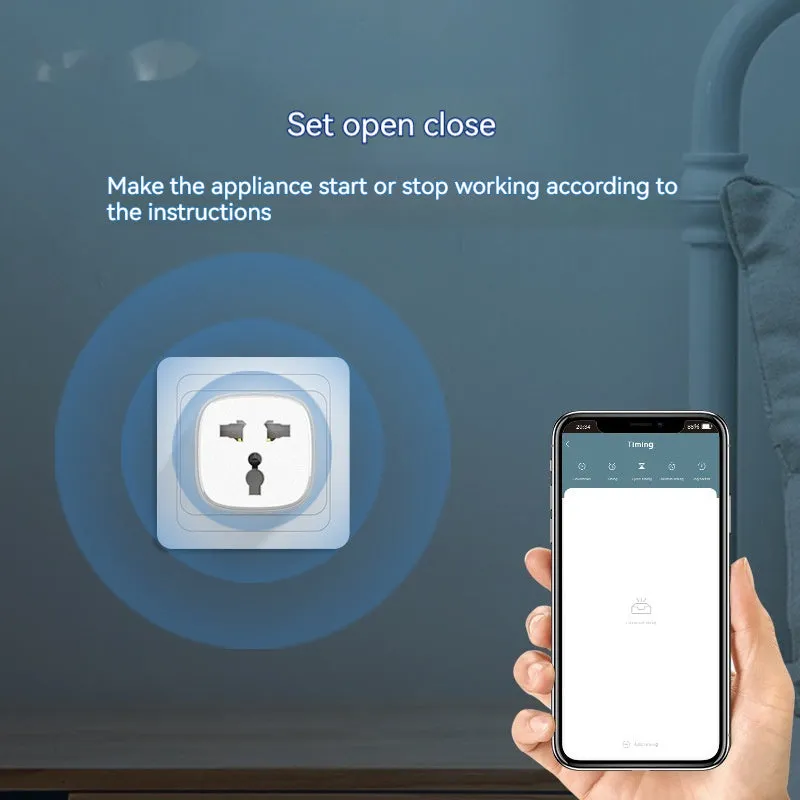 White smart WiFi socket with EU plug standard, timer and overload protection functions on white background