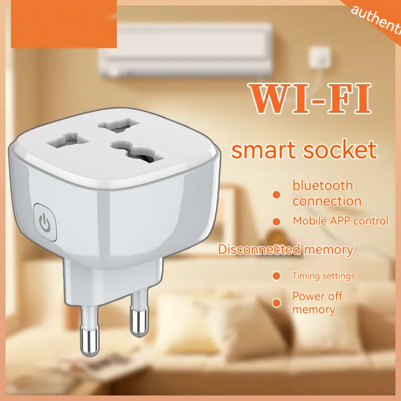 White smart WiFi socket with EU plug standard, timer and overload protection functions on white background