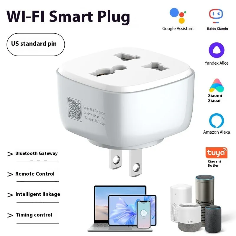 White smart WiFi socket with EU plug standard, timer and overload protection functions on white background