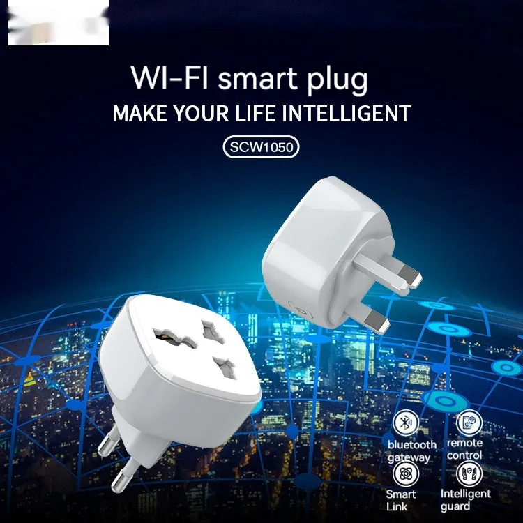 White smart WiFi socket with EU plug standard, timer and overload protection functions on white background