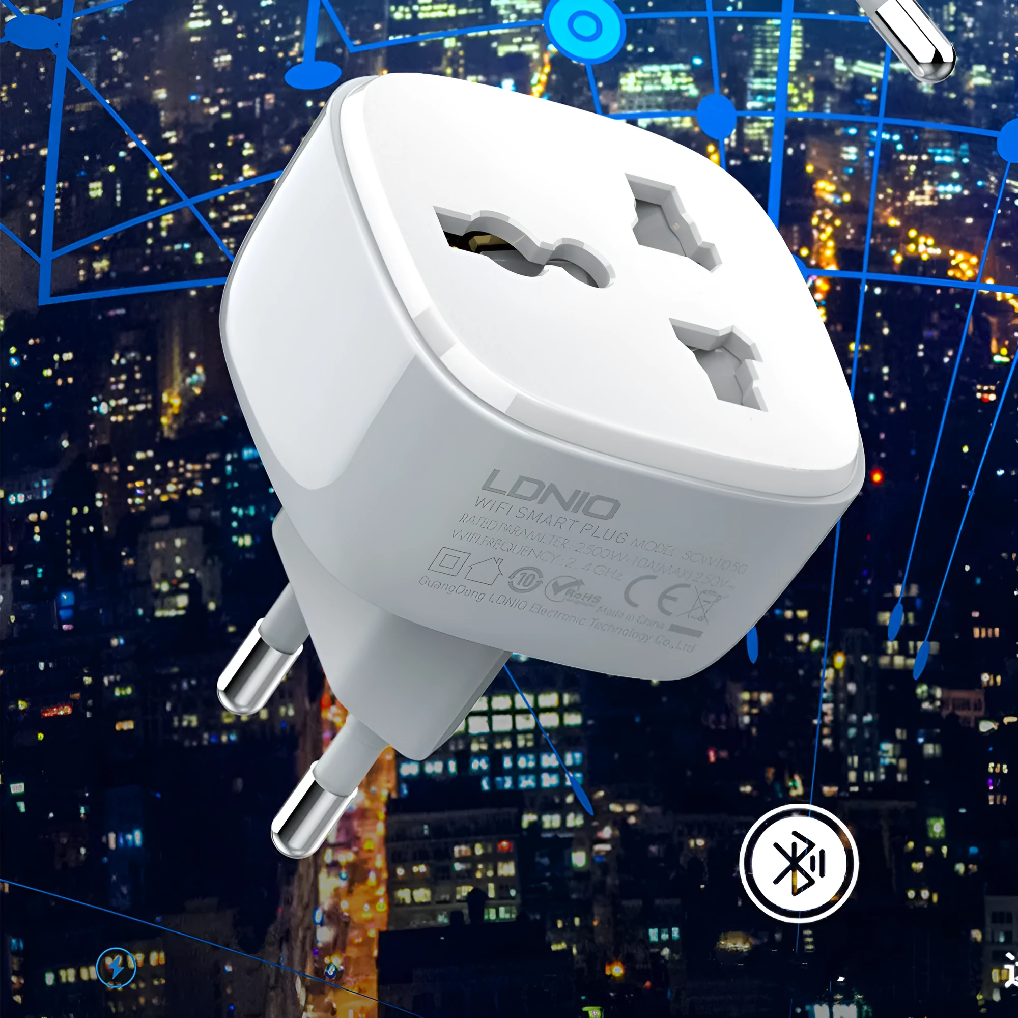 White smart WiFi socket with EU plug standard, timer and overload protection functions on white background