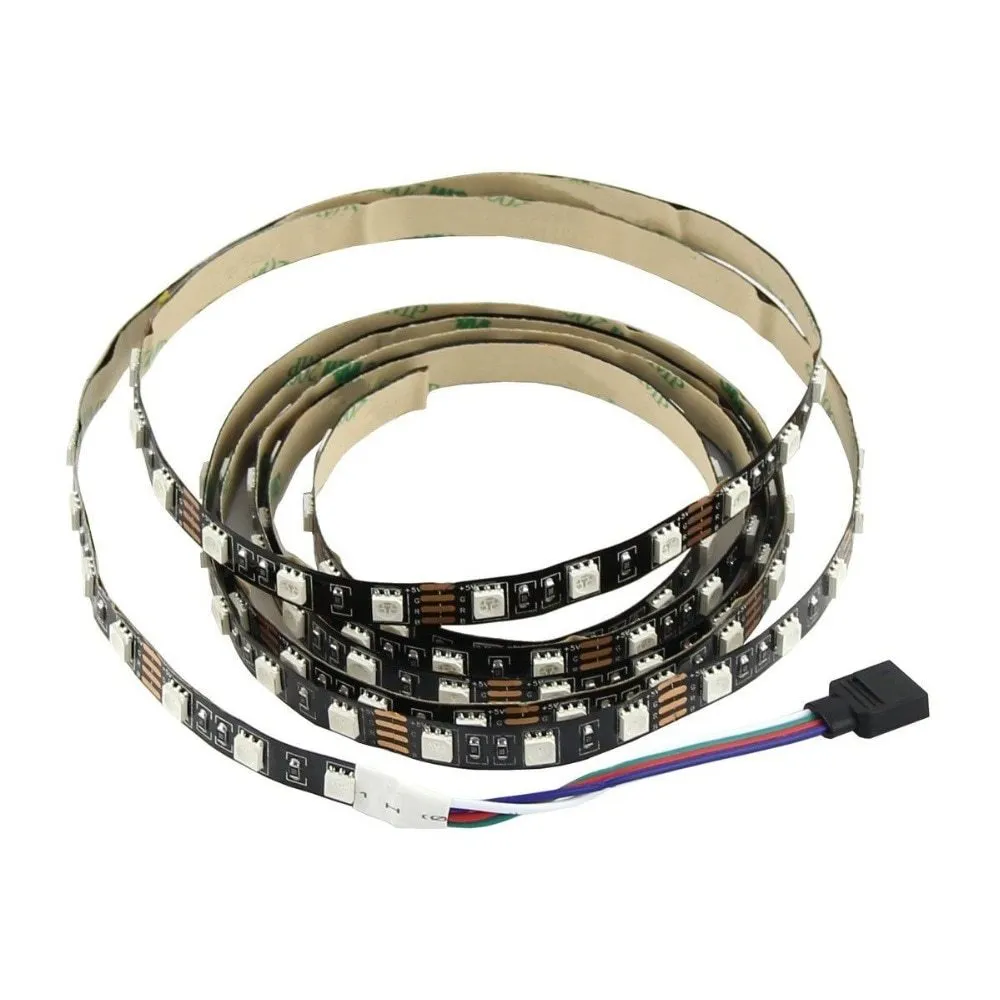 Close-up of a flexible white USB LED light strip with SMD5050 chips and a USB plug.