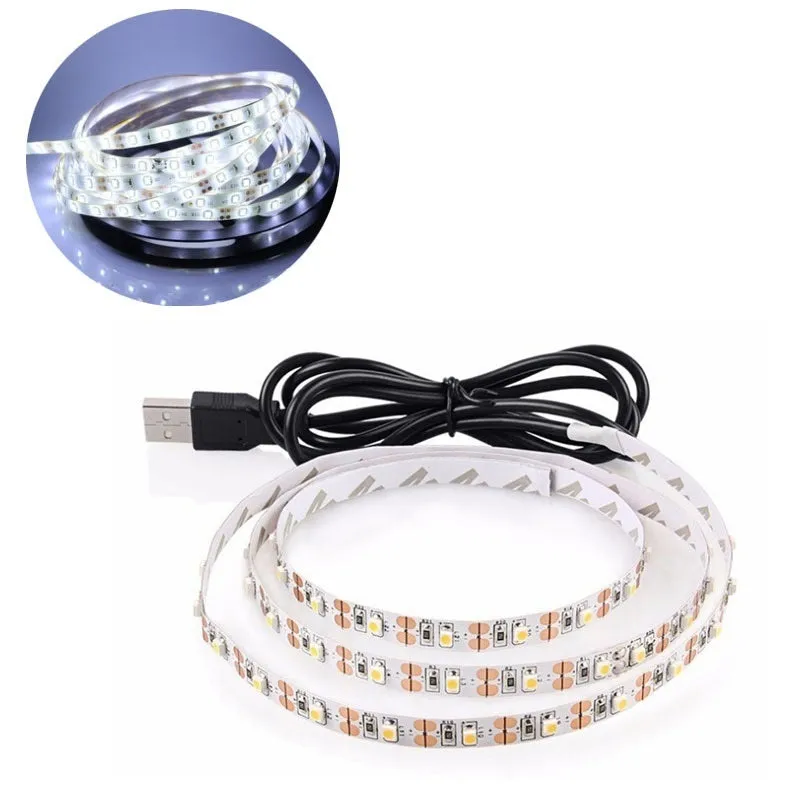 Close-up of a flexible white USB LED light strip with SMD5050 chips and a USB plug.