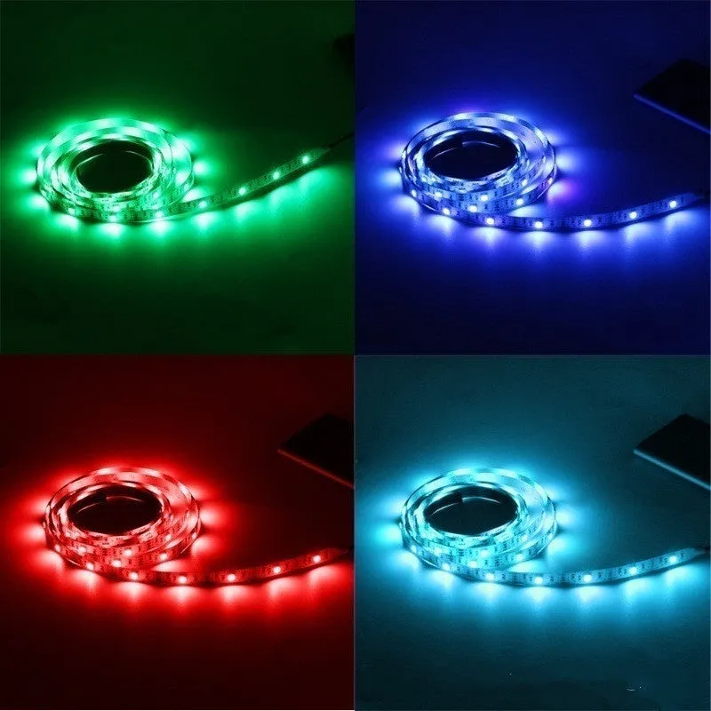 Close-up of a flexible white USB LED light strip with SMD5050 chips and a USB plug.