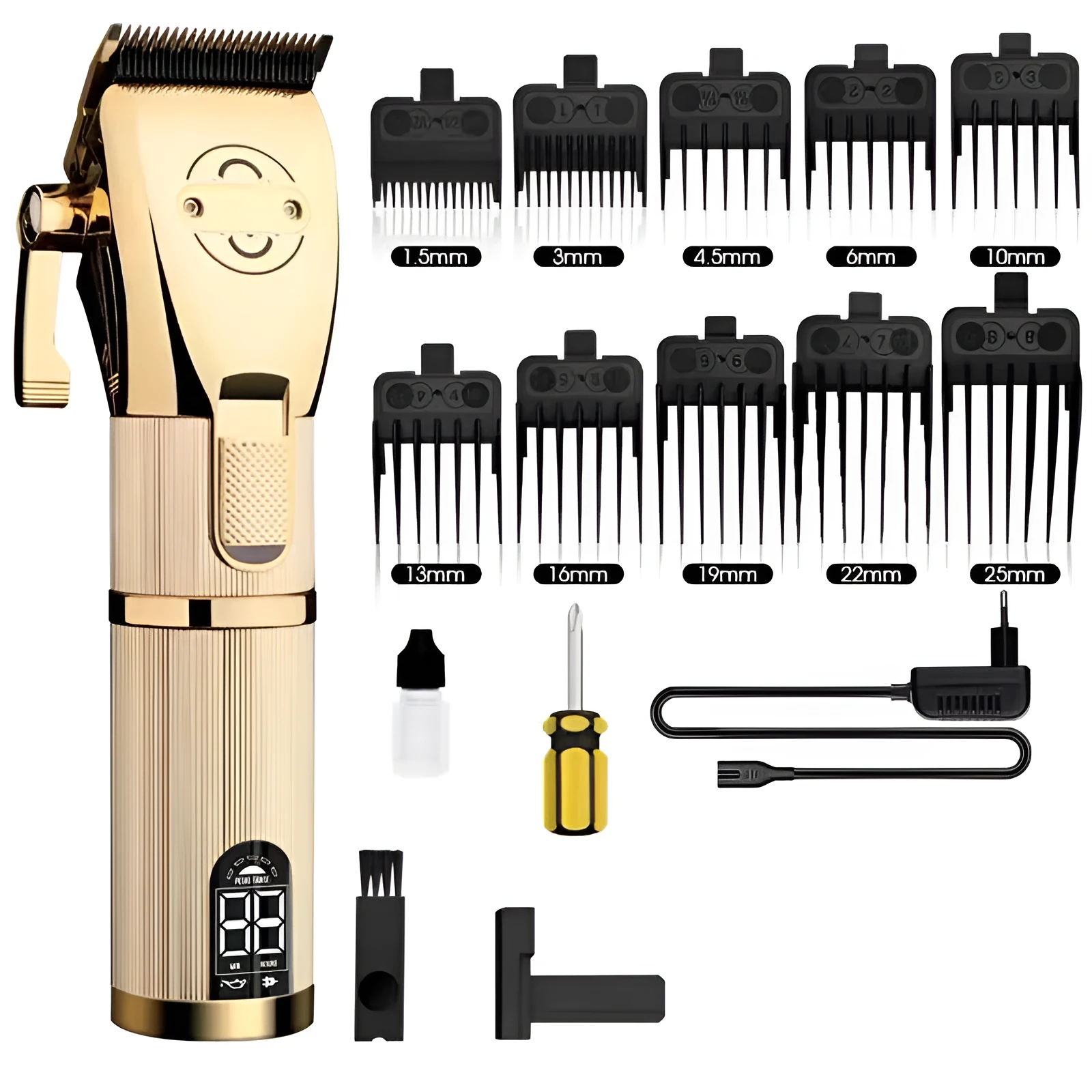 Gold-coloured cordless hair clipper with dual USB and power supply charging options