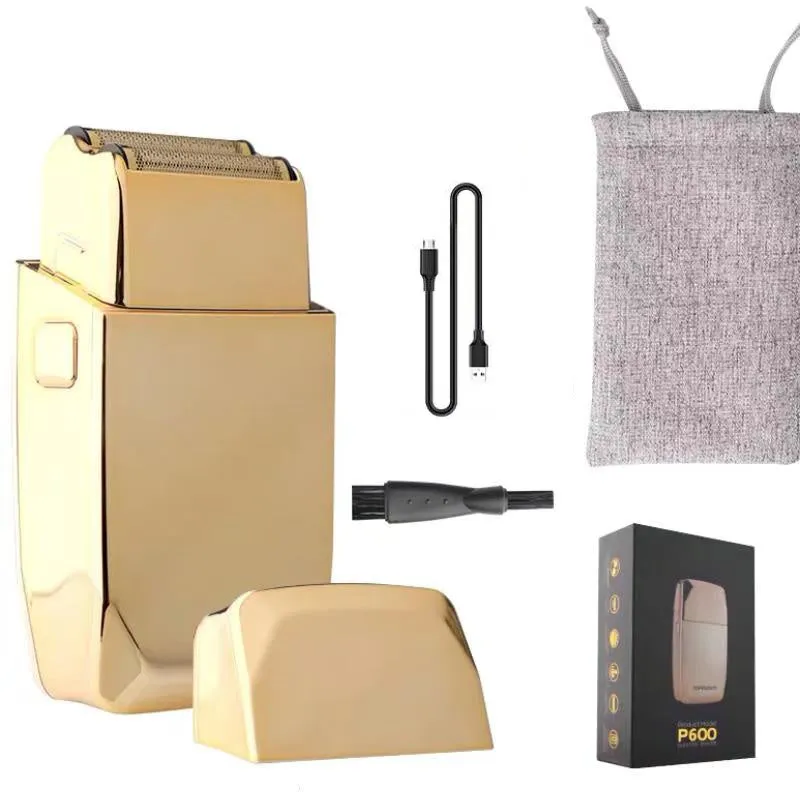 Gold-coloured cordless hair clipper with dual USB and power supply charging options