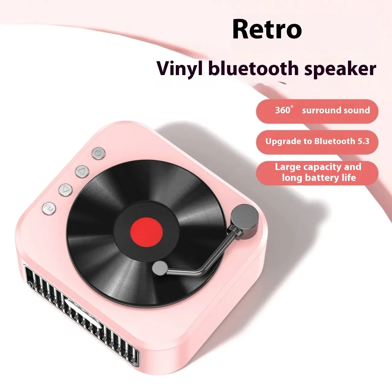 Retro jukebox Bluetooth speaker in sunset pink with USB power, voice prompts, and card insertion