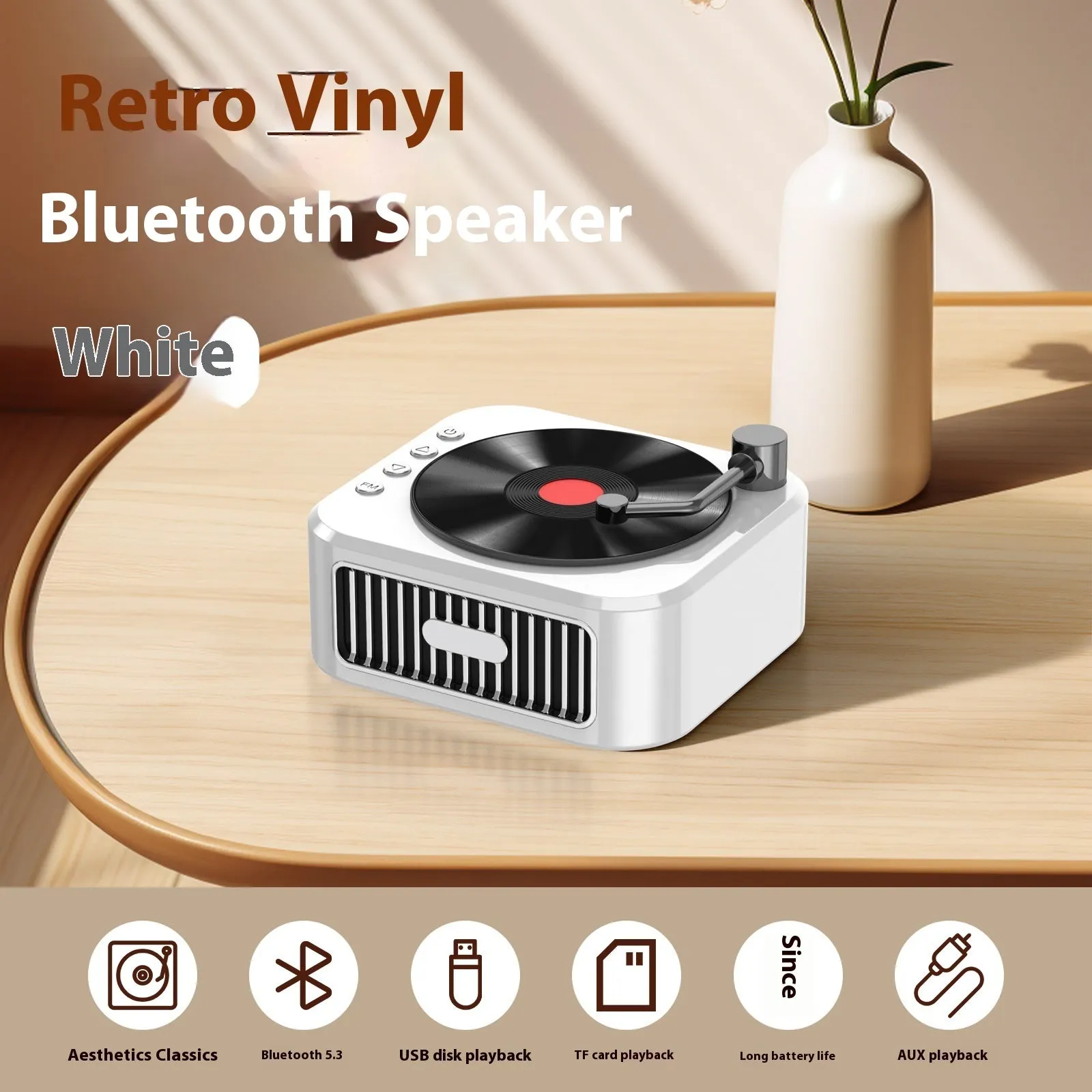 Retro jukebox Bluetooth speaker in sunset pink with USB power, voice prompts, and card insertion