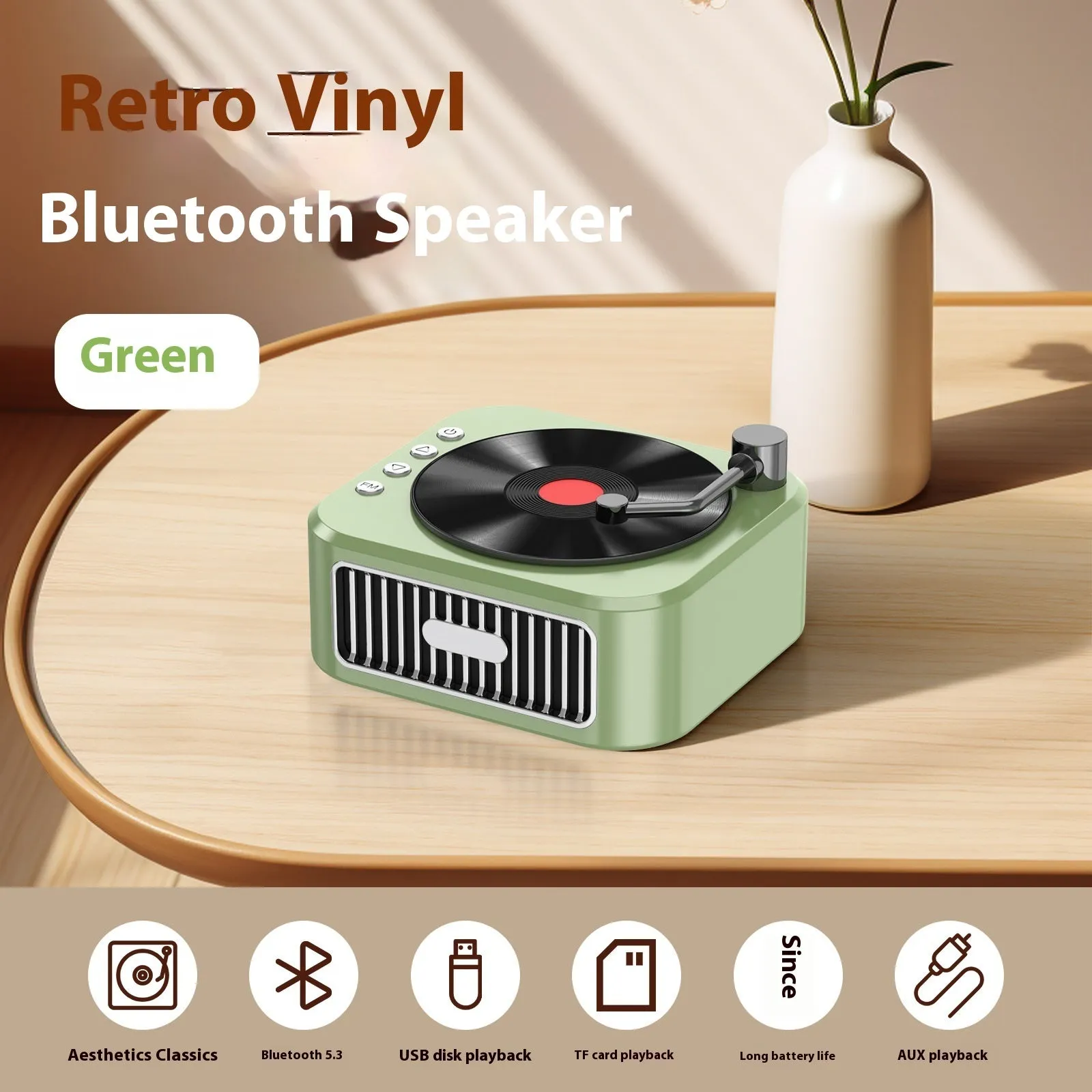 Retro jukebox Bluetooth speaker in sunset pink with USB power, voice prompts, and card insertion