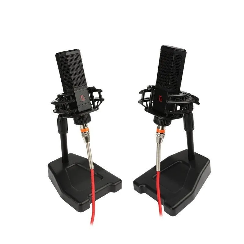 Black condenser wired noise cancelling microphone with shockproof mounting and cable for recording