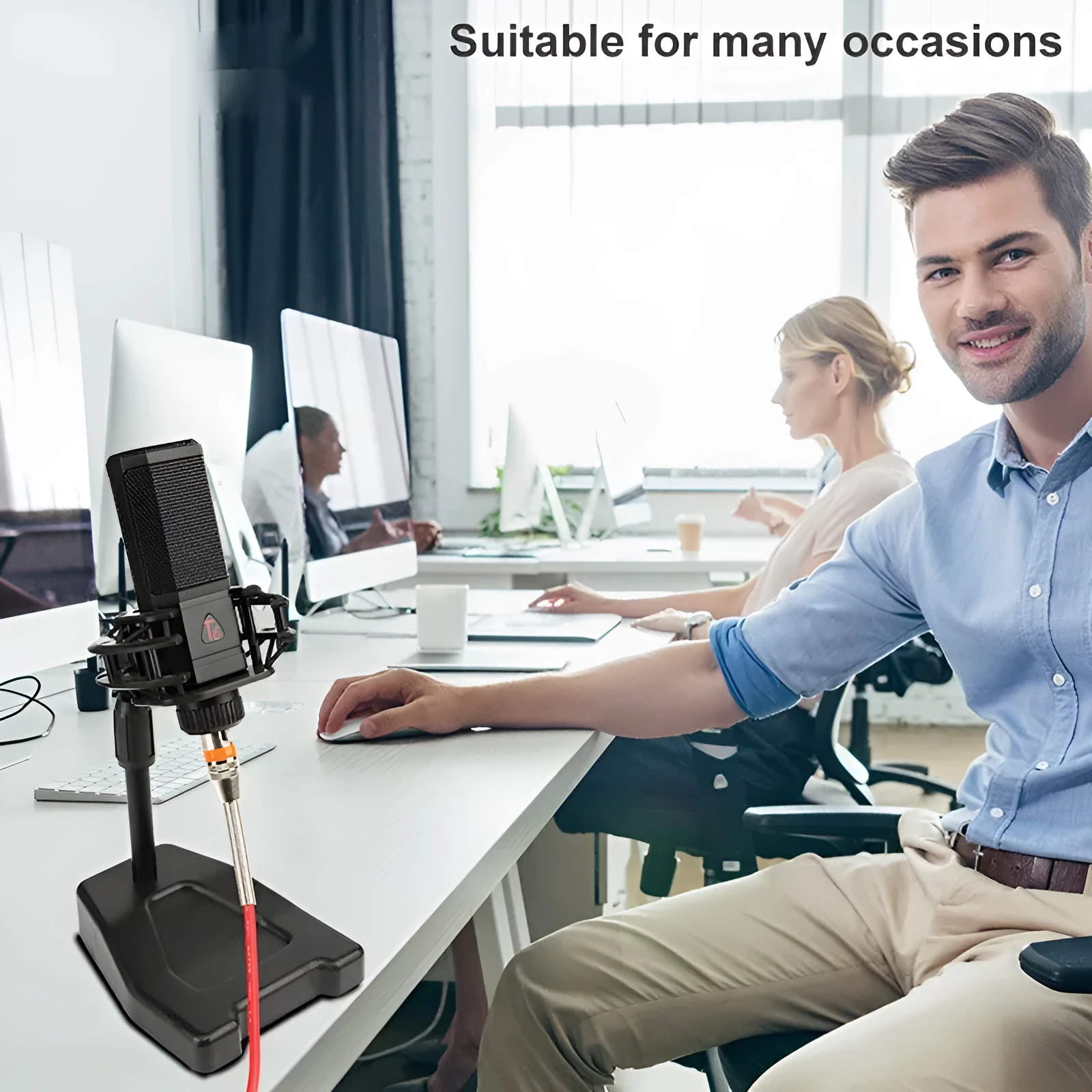 Black condenser wired noise cancelling microphone with shockproof mounting and cable for recording