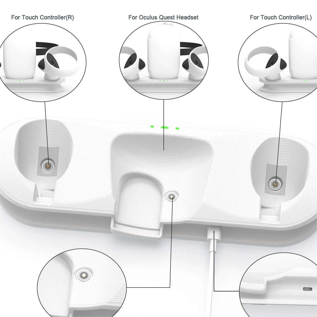 White ABS magnetic charging base for Oculus Quest glasses handle with batteries and USB Type C magnetic heads