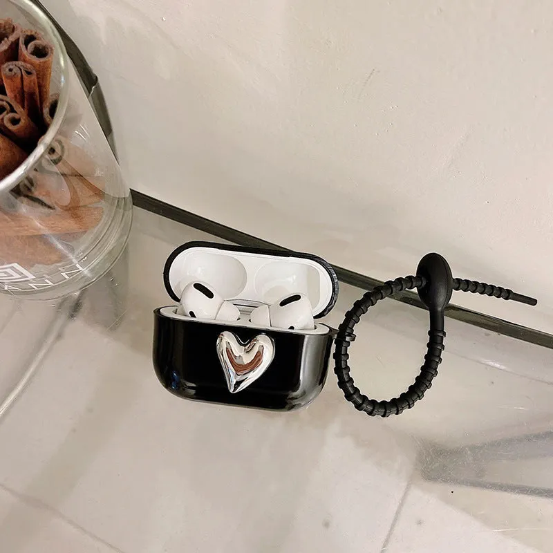 Black TPU earphone sleeve with electroplated love heart design and black cord for AirPods case