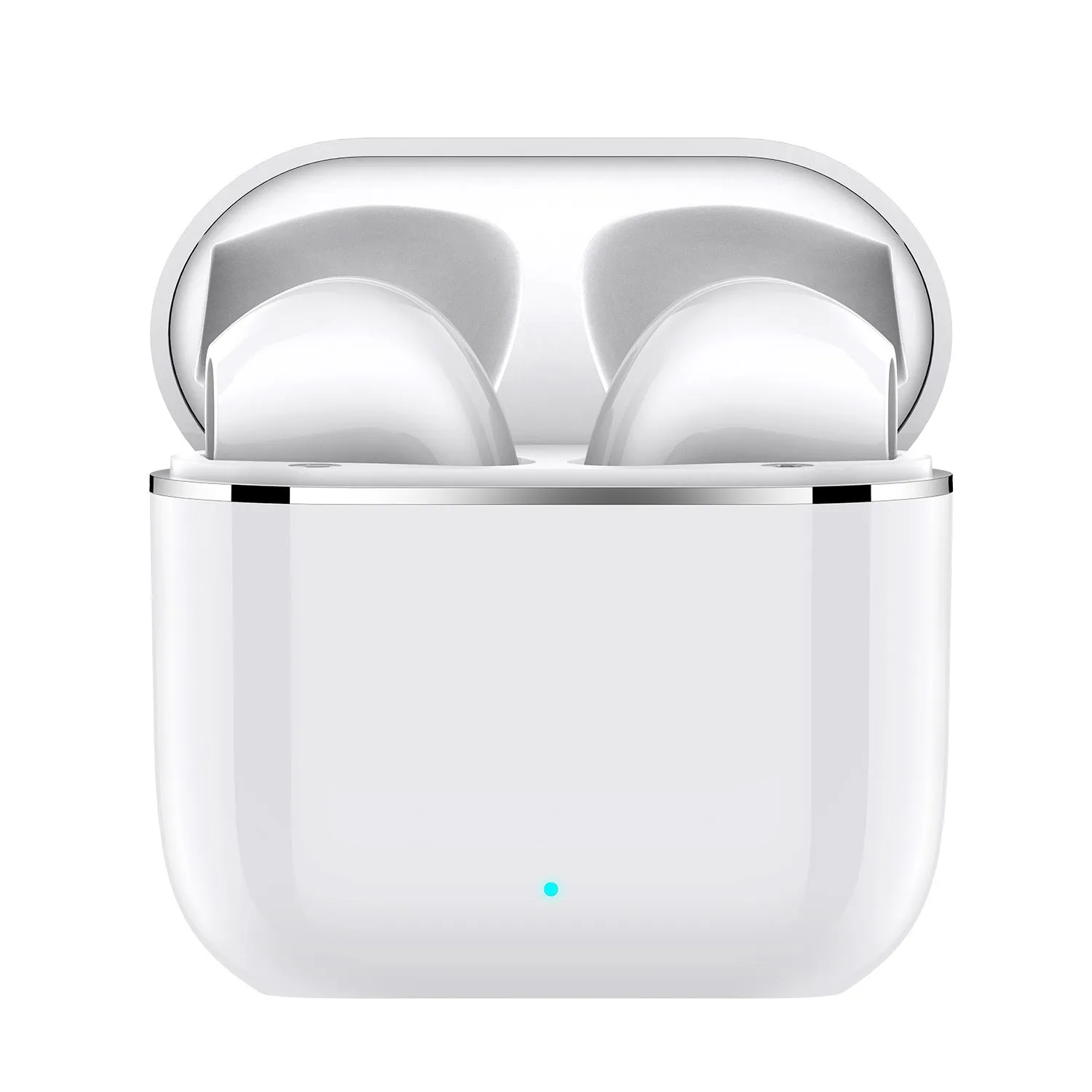 Wireless half in-ear Bluetooth headset in white with plastic build and compact charging case