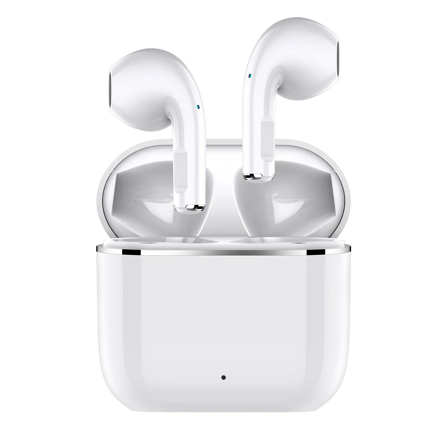 Wireless half in-ear Bluetooth headset in white with plastic build and compact charging case