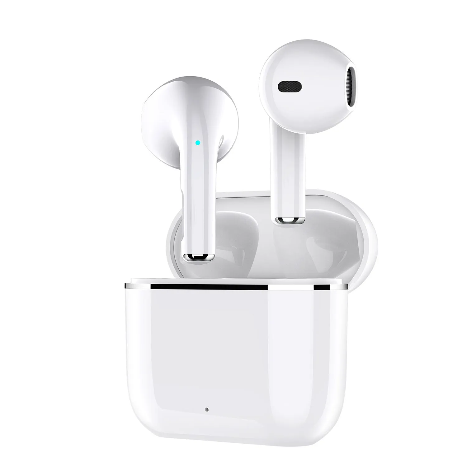 Wireless half in-ear Bluetooth headset in white with plastic build and compact charging case