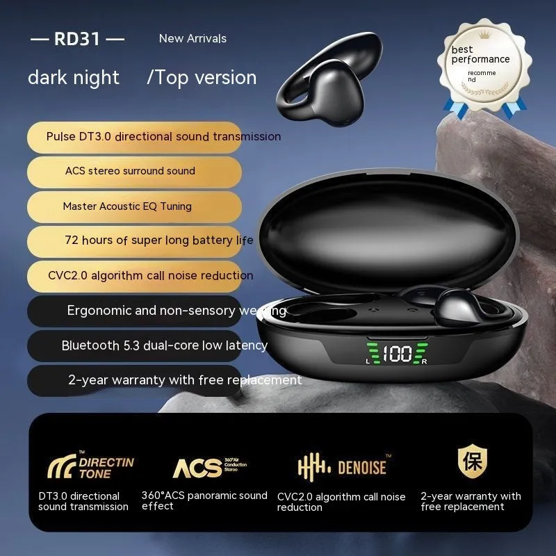 Clip-on Bluetooth earphone with comfortable wear, available in black, white, and skin colour, featuring 8-hour battery and waterproof design