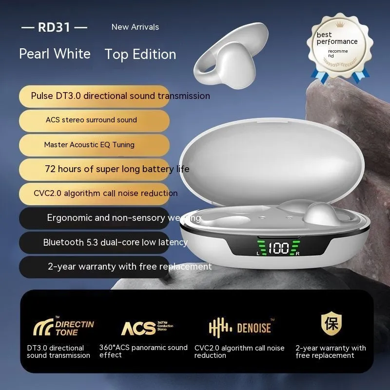 Clip-on Bluetooth earphone with comfortable wear, available in black, white, and skin colour, featuring 8-hour battery and waterproof design