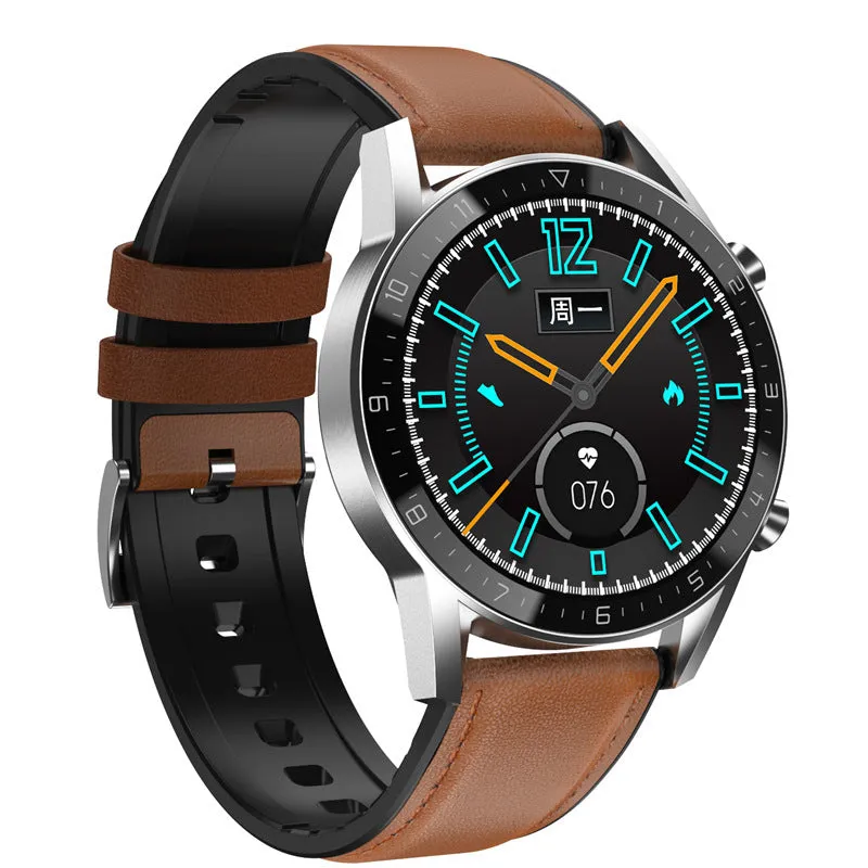 Smartwatch with 1.3-inch IPS touchscreen display on a genuine leather or TPU wristband.