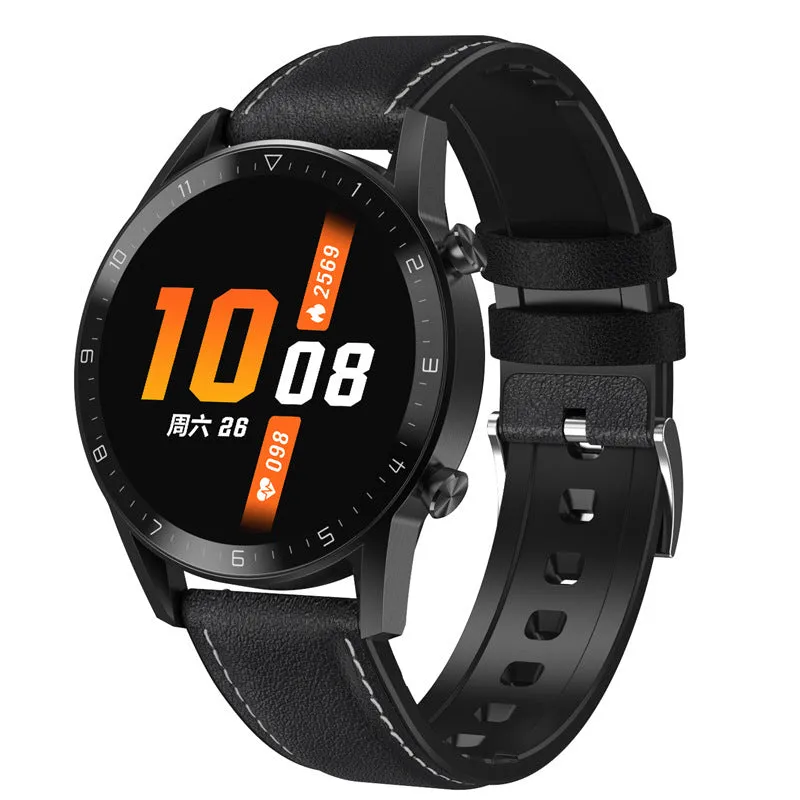 Smartwatch with 1.3-inch IPS touchscreen display on a genuine leather or TPU wristband.