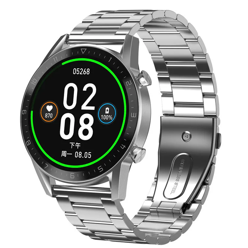 Smartwatch with 1.3-inch IPS touchscreen display on a genuine leather or TPU wristband.