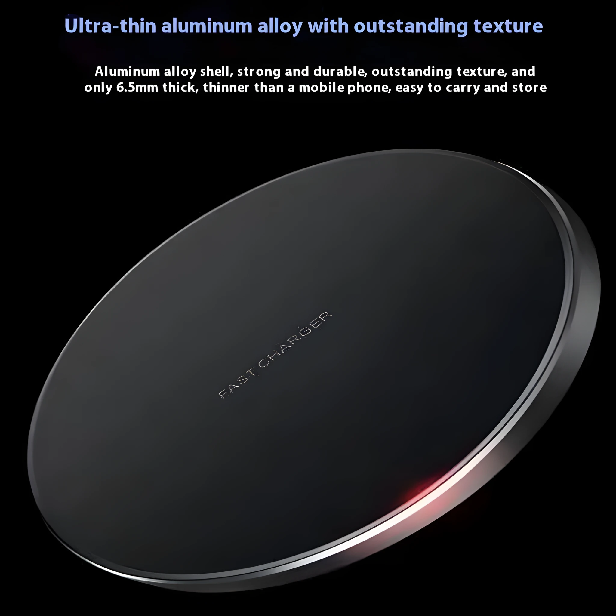 Black frosted 15W wireless charger pad with USB Type-C cable for mobile phone fast charging