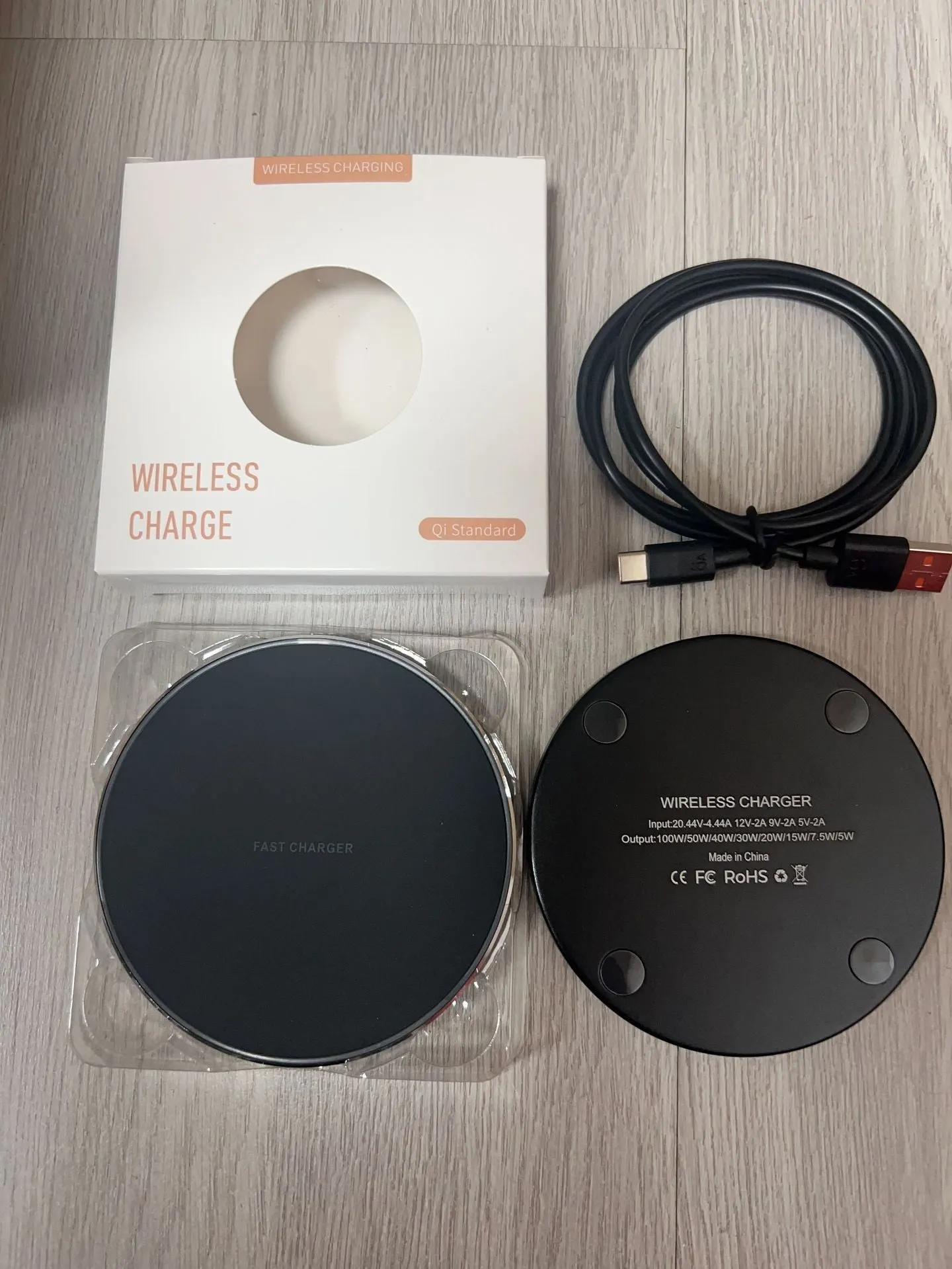 Black frosted 15W wireless charger pad with USB Type-C cable for mobile phone fast charging