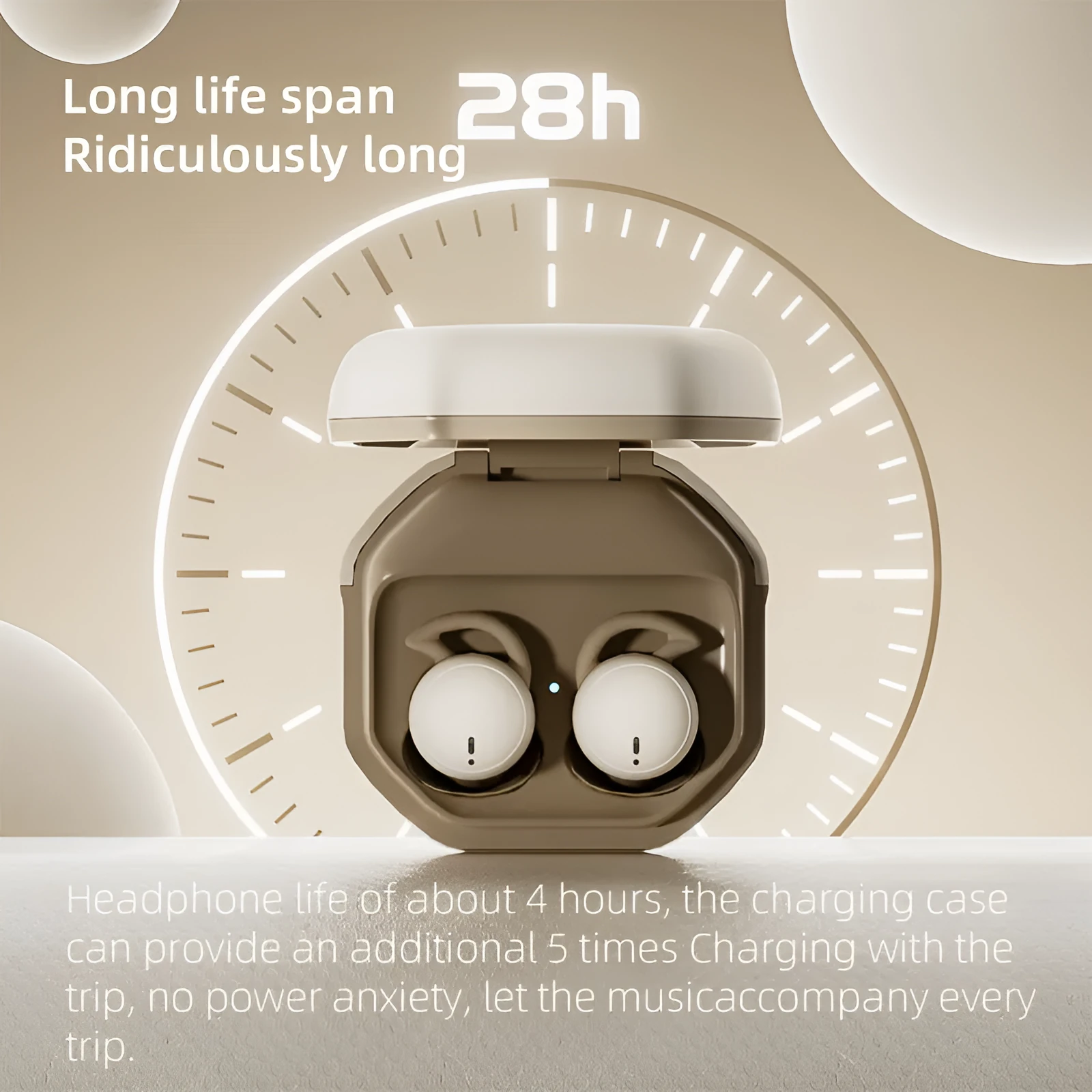 Mini no-pressing Bluetooth headset for side sleeping in milk tea colour with plastic earplug design