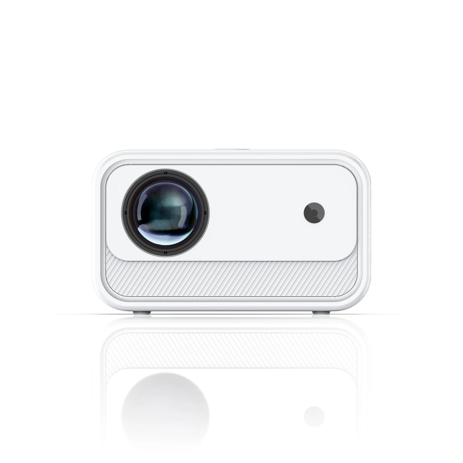 White home office HD projector with electric focus, 1080p resolution, 300 lumens on desk