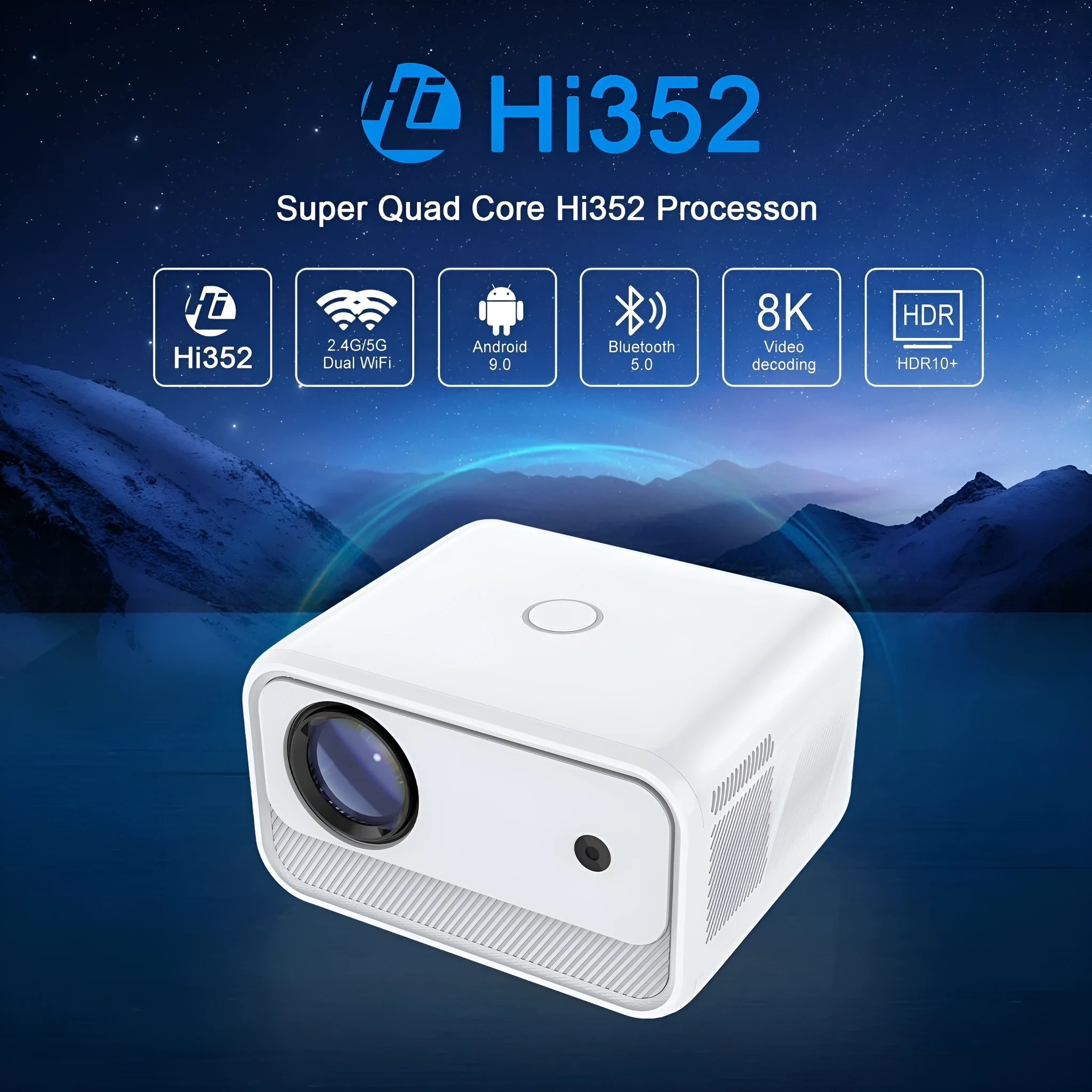 White home office HD projector with electric focus, 1080p resolution, 300 lumens on desk