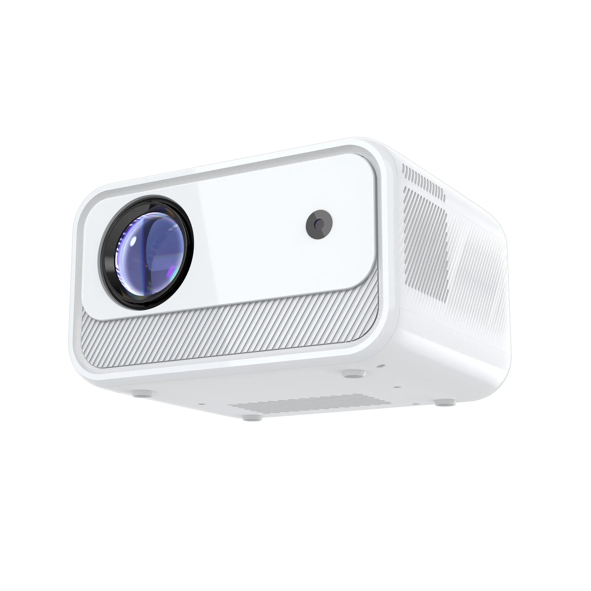 White home office HD projector with electric focus, 1080p resolution, 300 lumens on desk