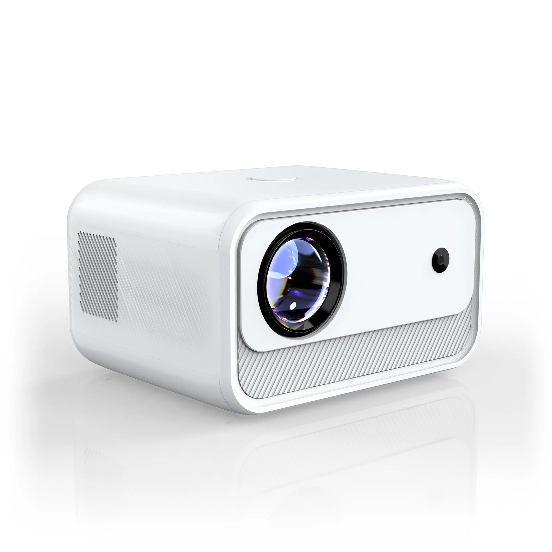 White home office HD projector with electric focus, 1080p resolution, 300 lumens on desk