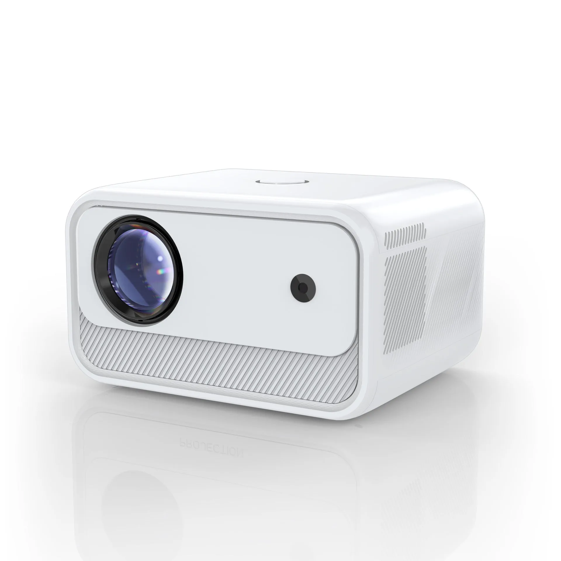 White home office HD projector with electric focus, 1080p resolution, 300 lumens on desk