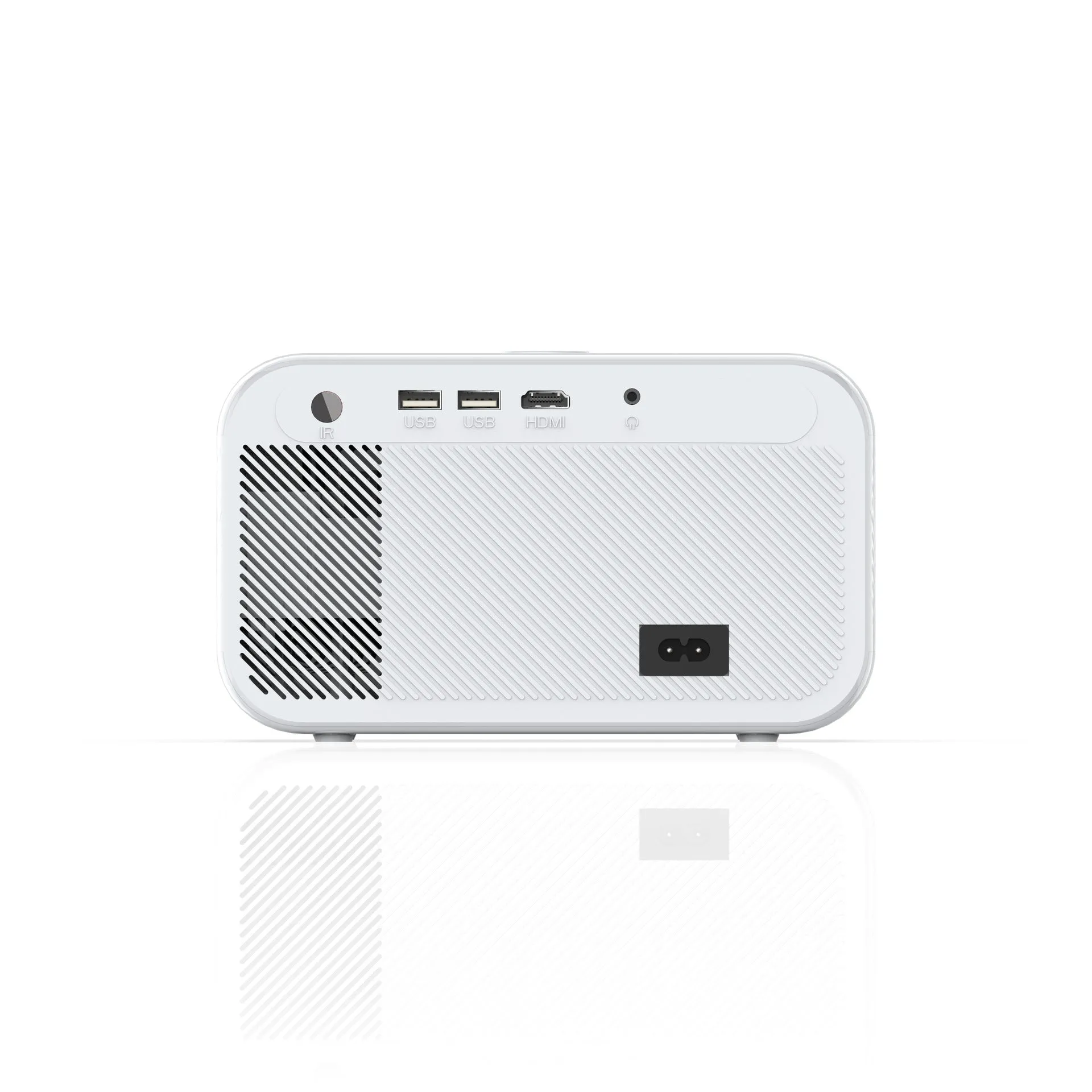 White home office HD projector with electric focus, 1080p resolution, 300 lumens on desk