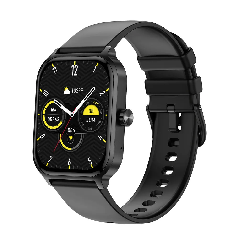 Black Bluetooth calling smartwatch with TFT screen showing heart rate monitoring on a wrist