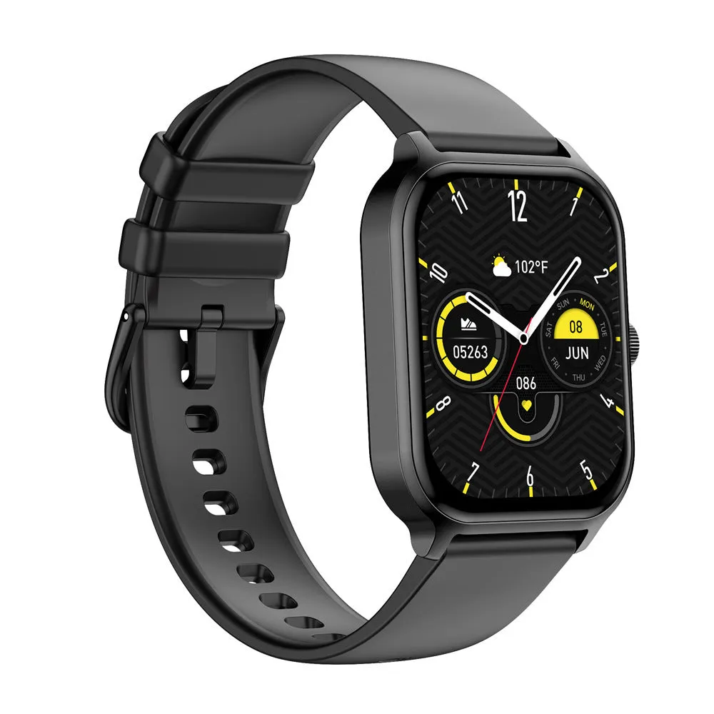 Black Bluetooth calling smartwatch with TFT screen showing heart rate monitoring on a wrist