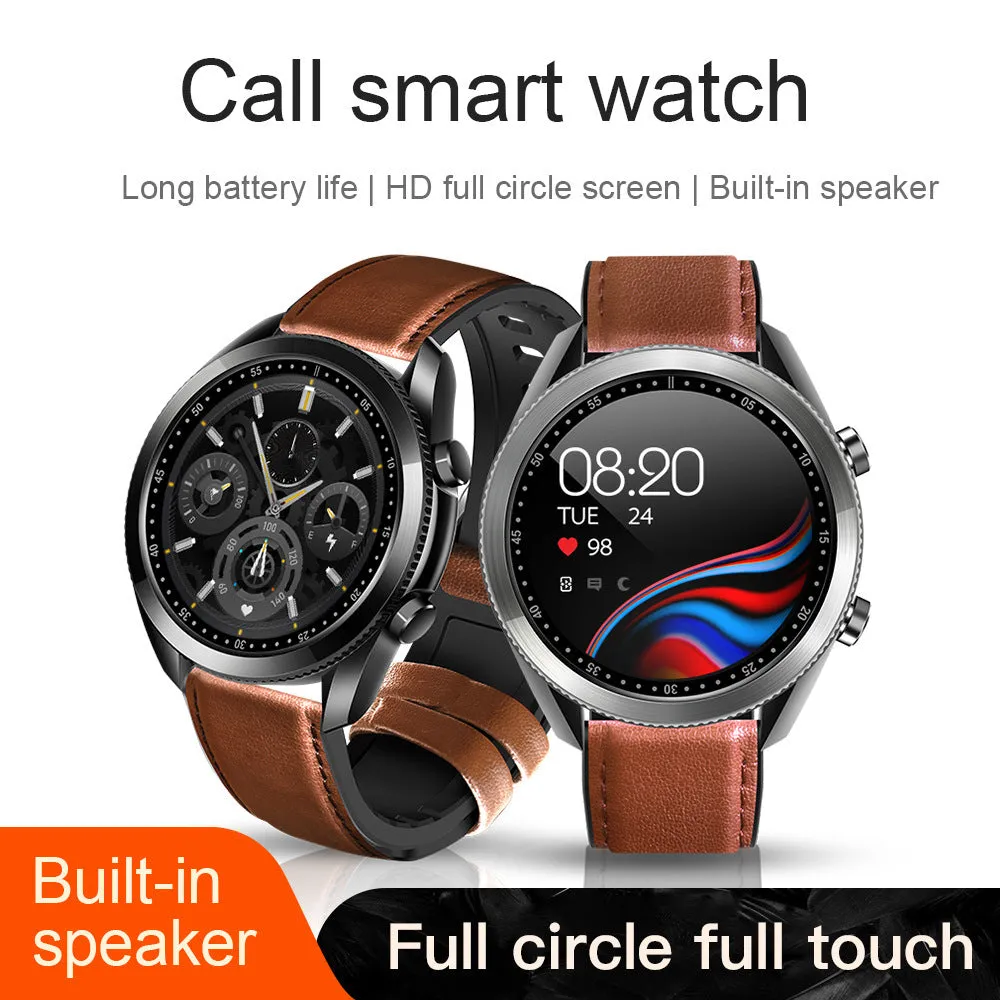 UM90 smart watch with metal case and leather strap, showing a display with fitness metrics.