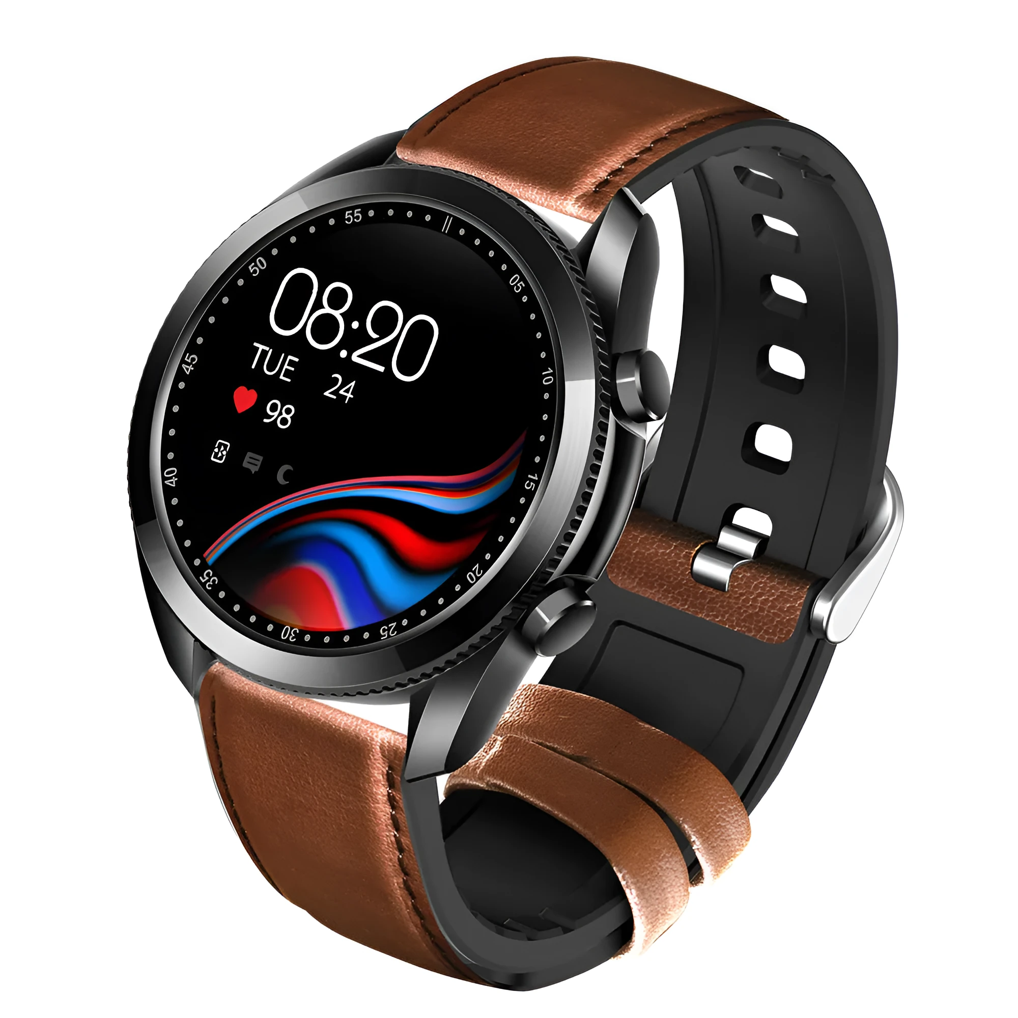 UM90 smart watch with metal case and leather strap, showing a display with fitness metrics.