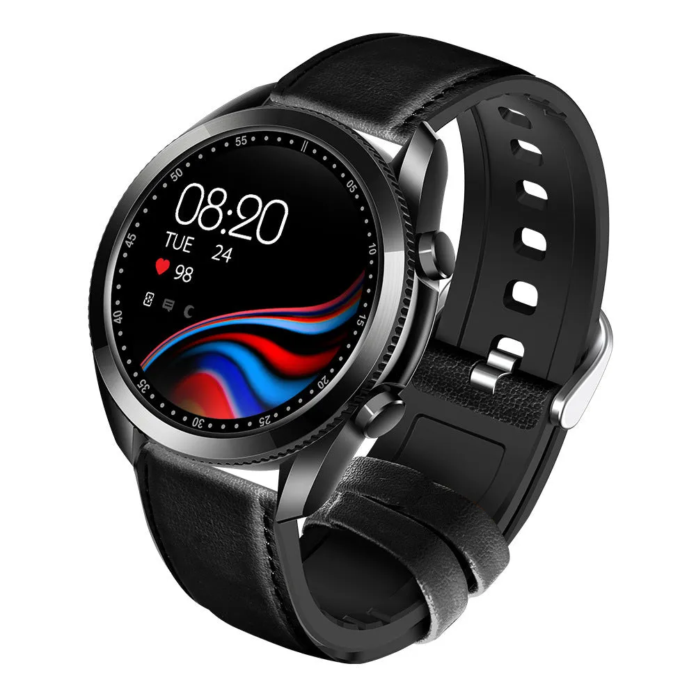 UM90 smart watch with metal case and leather strap, showing a display with fitness metrics.