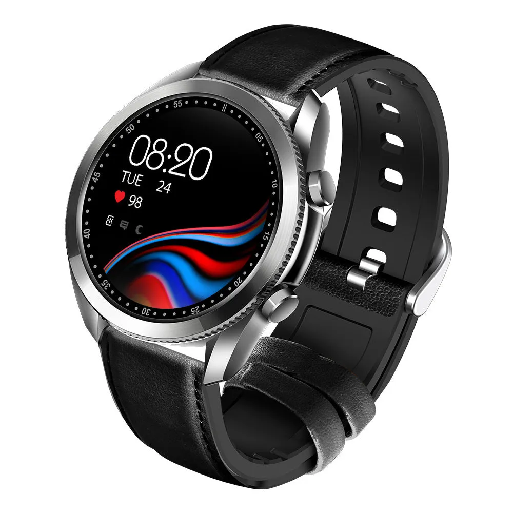 UM90 smart watch with metal case and leather strap, showing a display with fitness metrics.