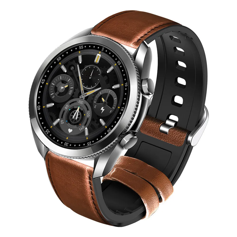 UM90 smart watch with metal case and leather strap, showing a display with fitness metrics.