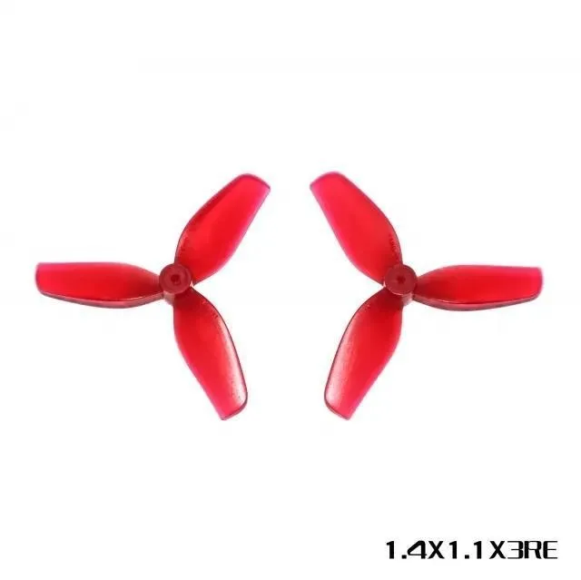 Set of four 1.4-inch three-blade PC propeller accessories in clear, gray, purple, and red colours
