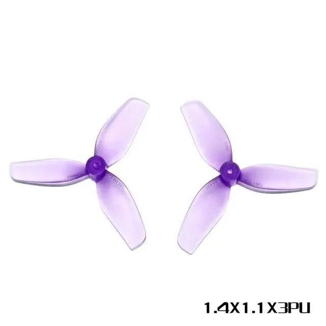 Set of four 1.4-inch three-blade PC propeller accessories in clear, gray, purple, and red colours