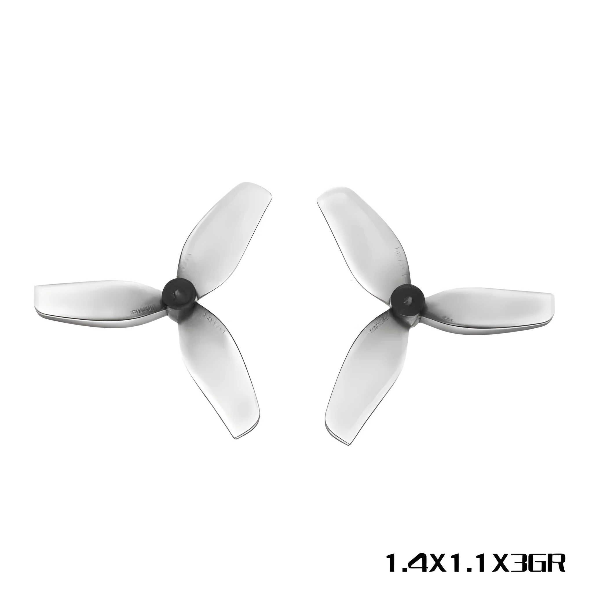 Set of four 1.4-inch three-blade PC propeller accessories in clear, gray, purple, and red colours
