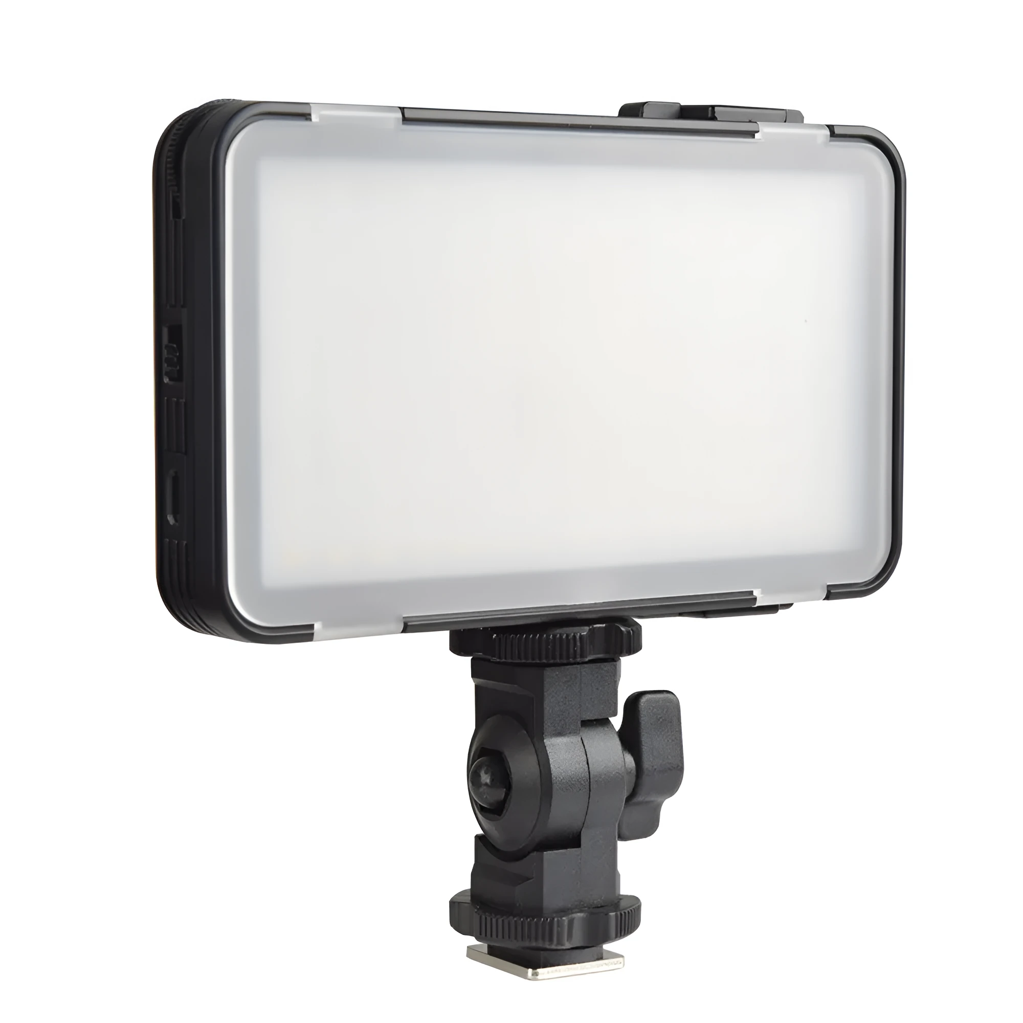 Slim silver Shenniu M150 LED video light with bracket on a mobile phone.