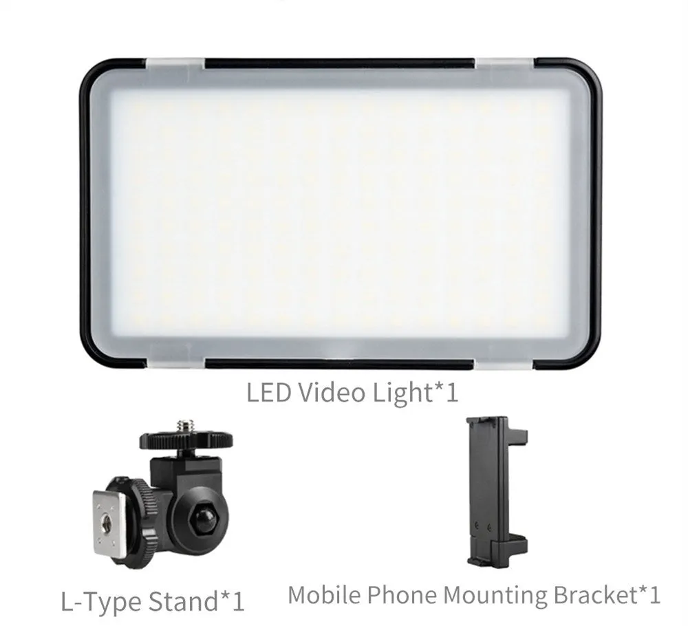 Slim silver Shenniu M150 LED video light with bracket on a mobile phone.